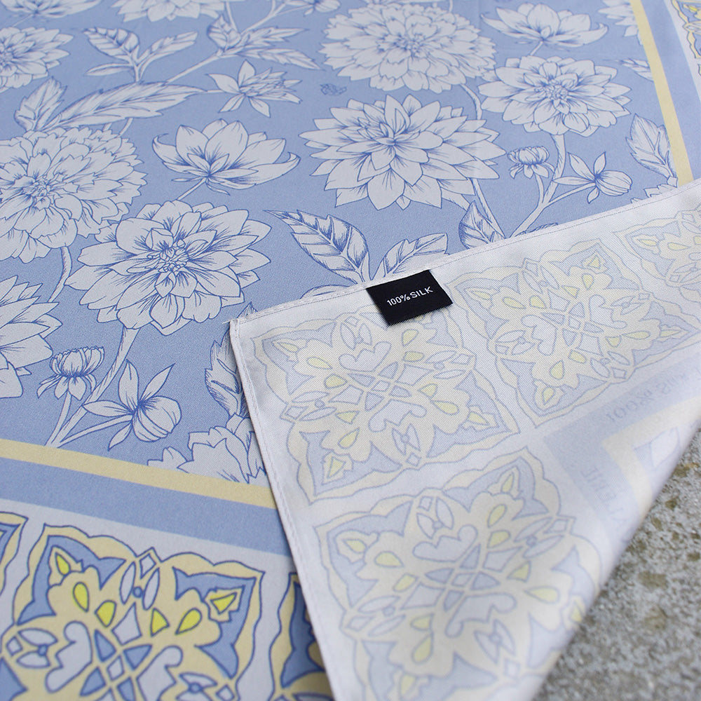 Sky Blue Silk Scarf, Dahlia Blooms