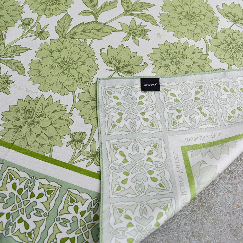 Pistachio Silk Scarf, Dahlia Blooms