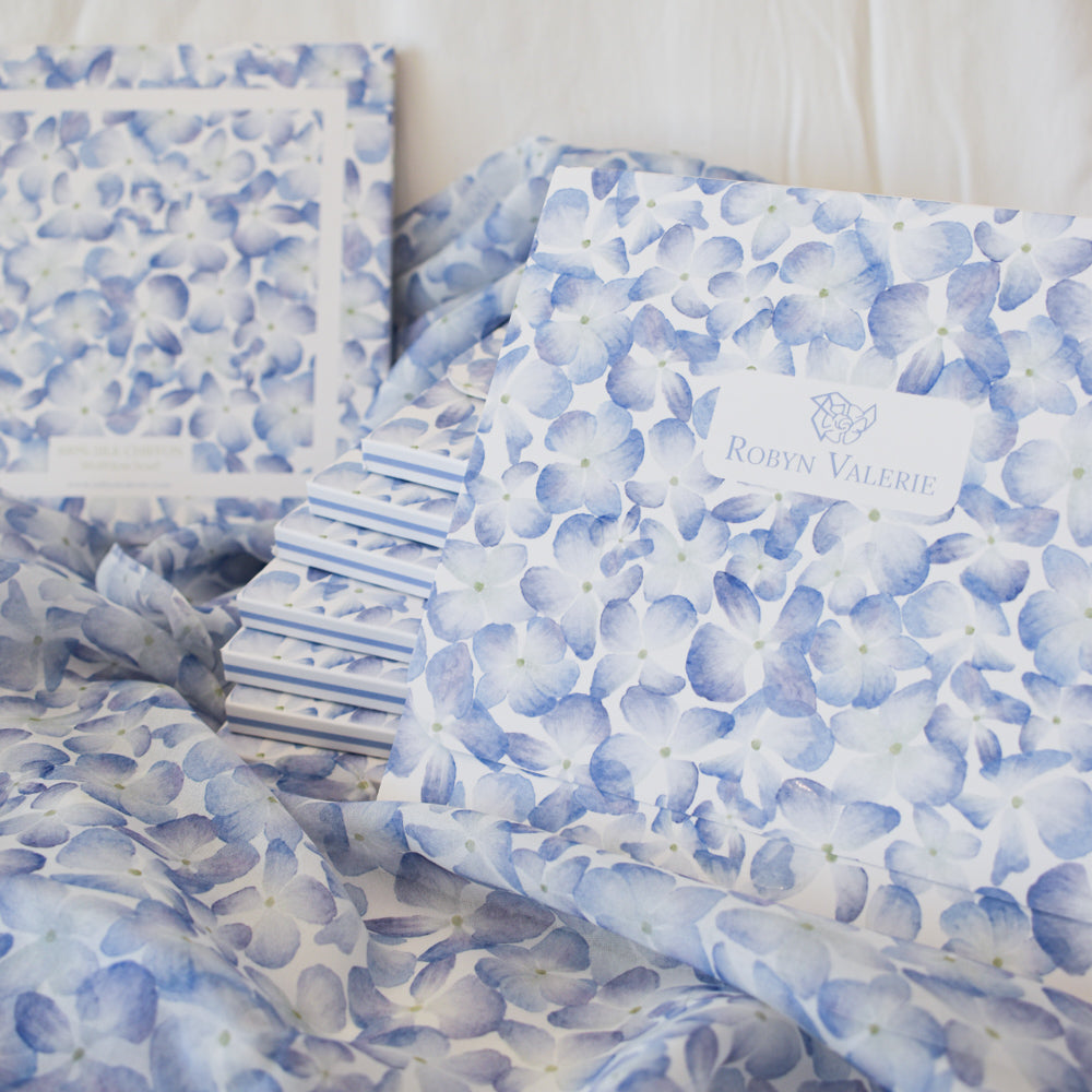 Blue Hydrangeas Silk Chiffon Scarf