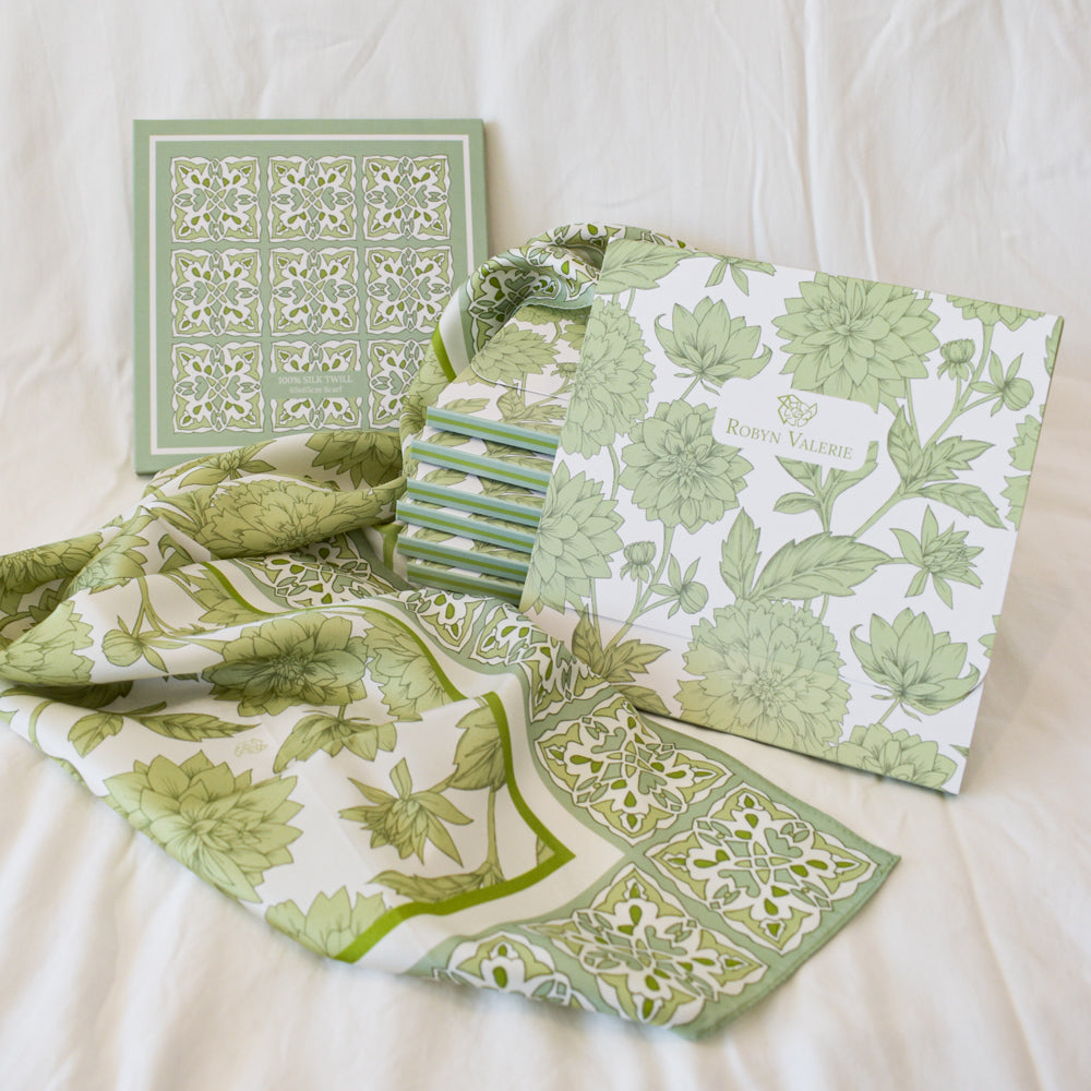 Pistachio Silk Scarf, Dahlia Blooms