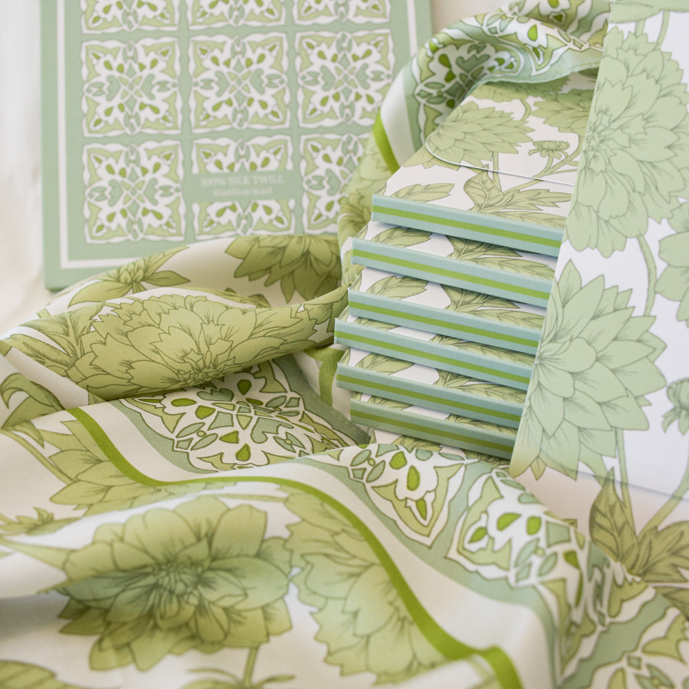 Pistachio Silk Scarf, Dahlia Blooms