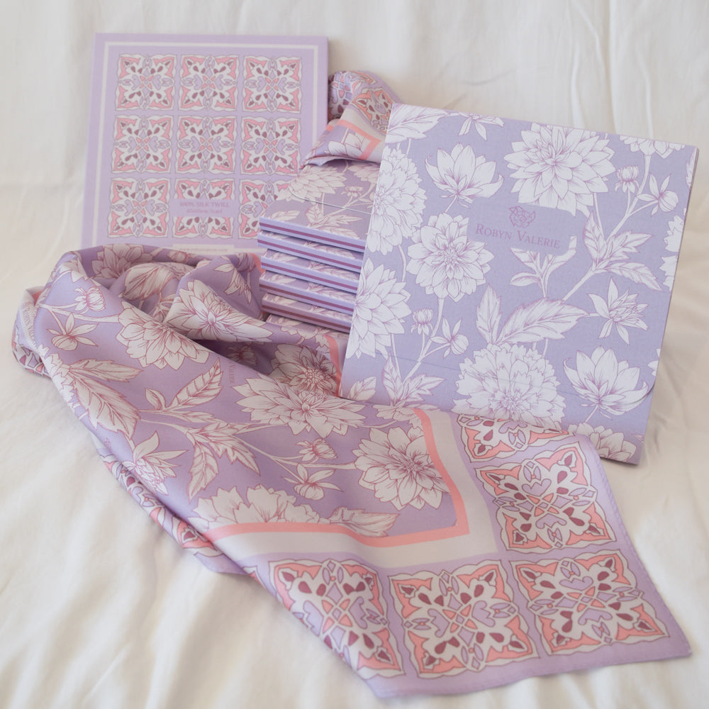 Lilac Silk Scarf, Dahlia Blooms