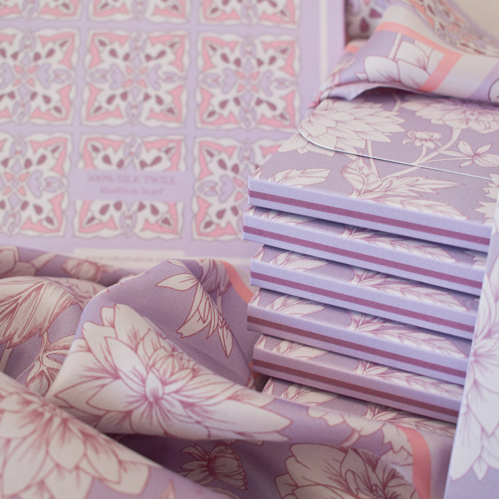 Lilac Silk Scarf, Dahlia Blooms
