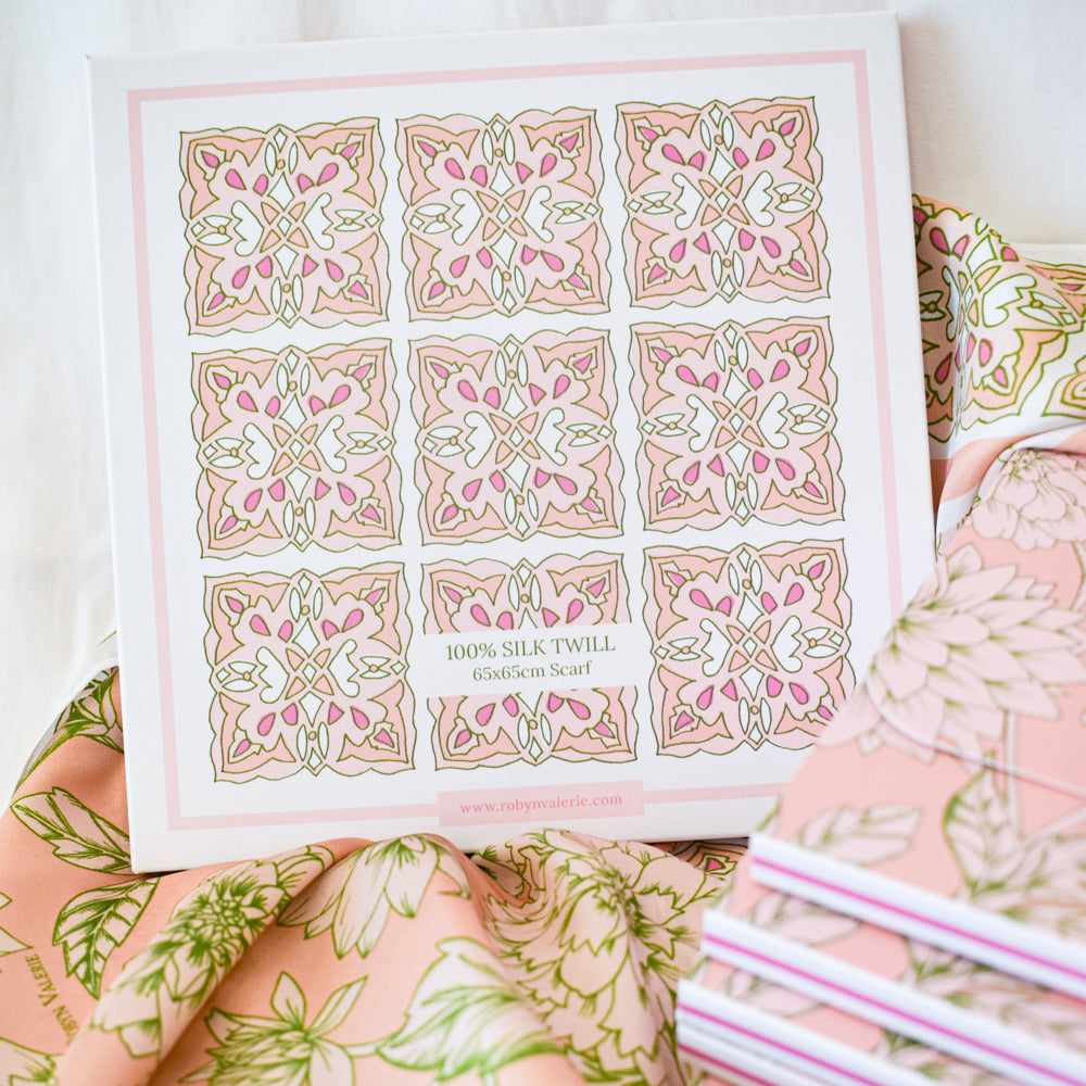 Melon Silk Scarf, Dahlia Blooms