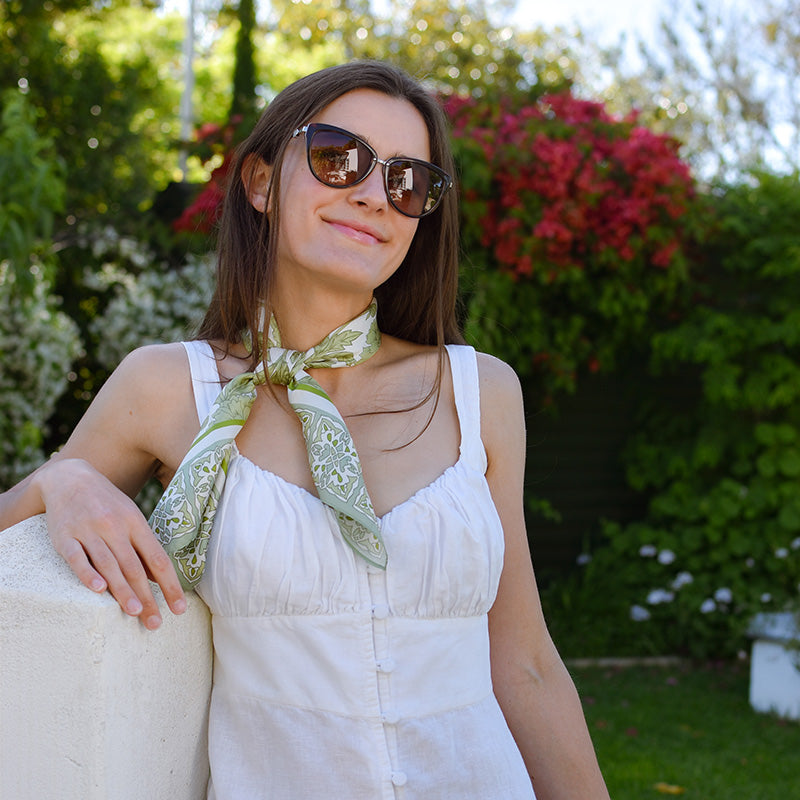 Pistachio Silk Scarf, Dahlia Blooms