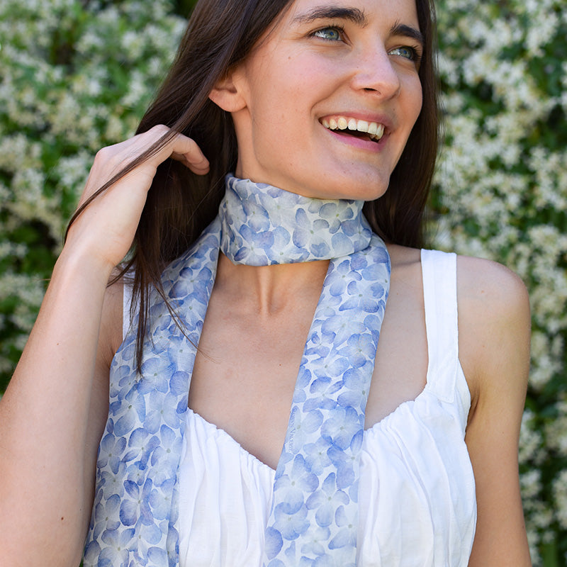 Foulard en mousseline de soie - Hortensias bleus