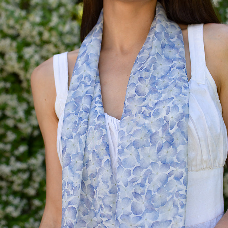 Foulard en mousseline de soie - Hortensias bleus
