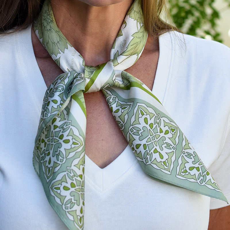 Pistachio Silk Scarf, Dahlia Blooms