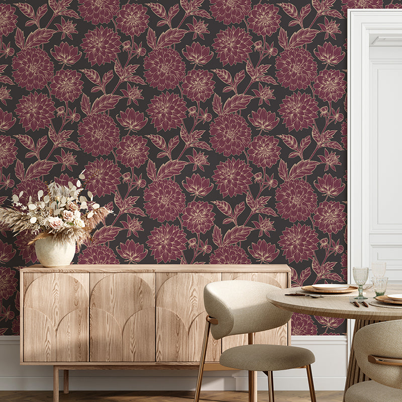 Dahlia Blooms Wallpaper, Vintage Merlot