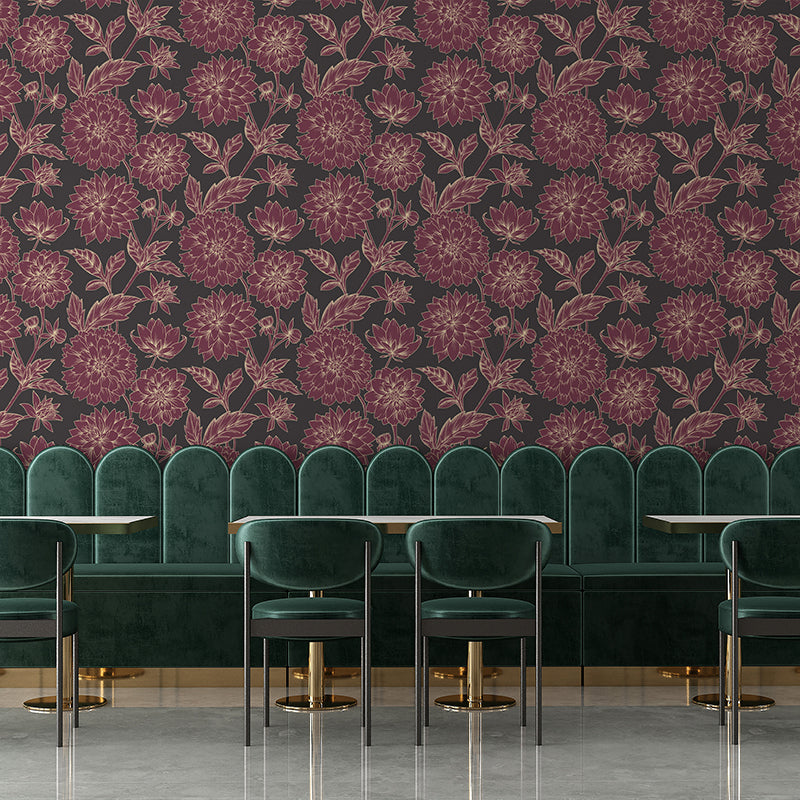 Dahlia Blooms Wallpaper, Vintage Merlot