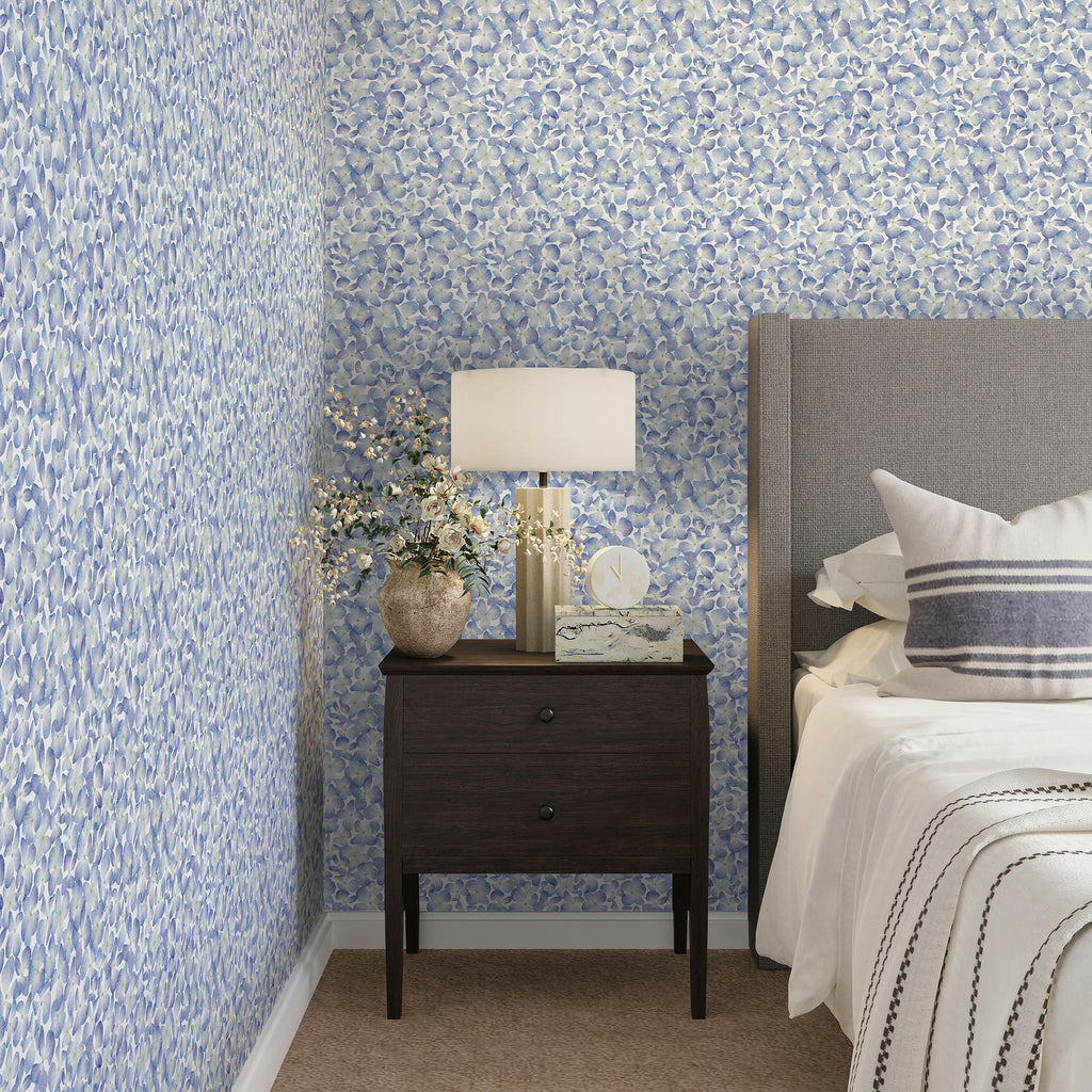 Papier peint hortensias, bleu