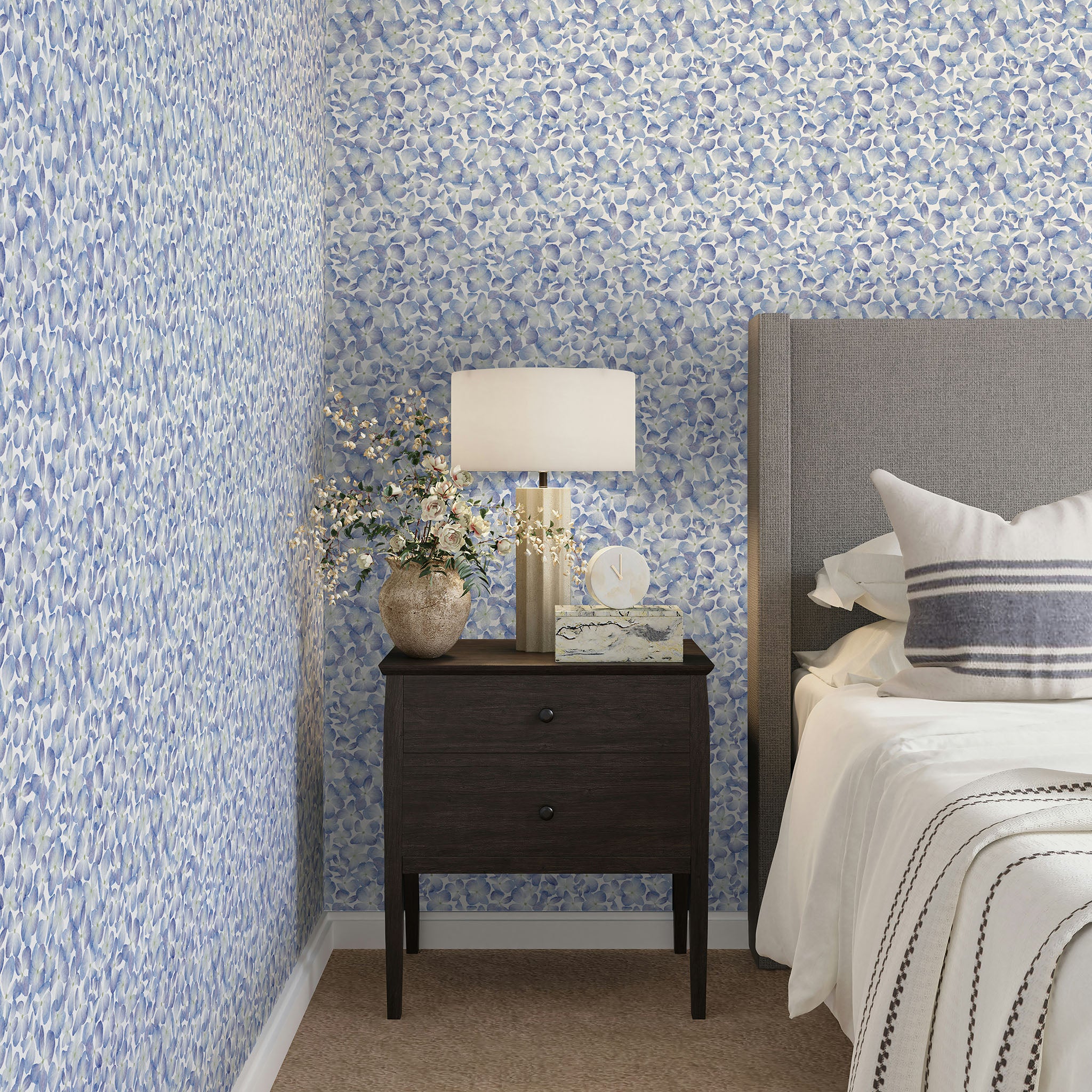 Papier peint hortensias, bleu