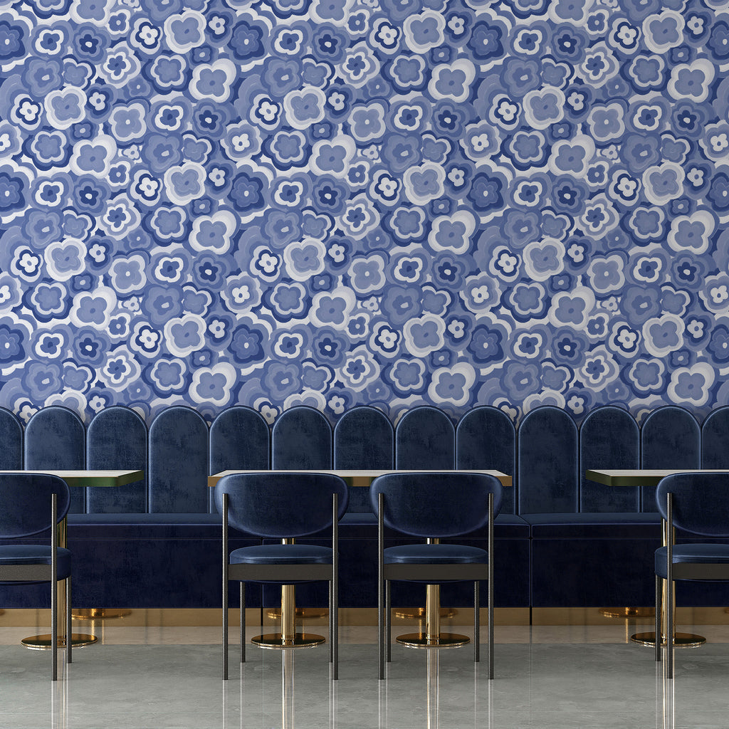 Papier peint rétro floral, bleus