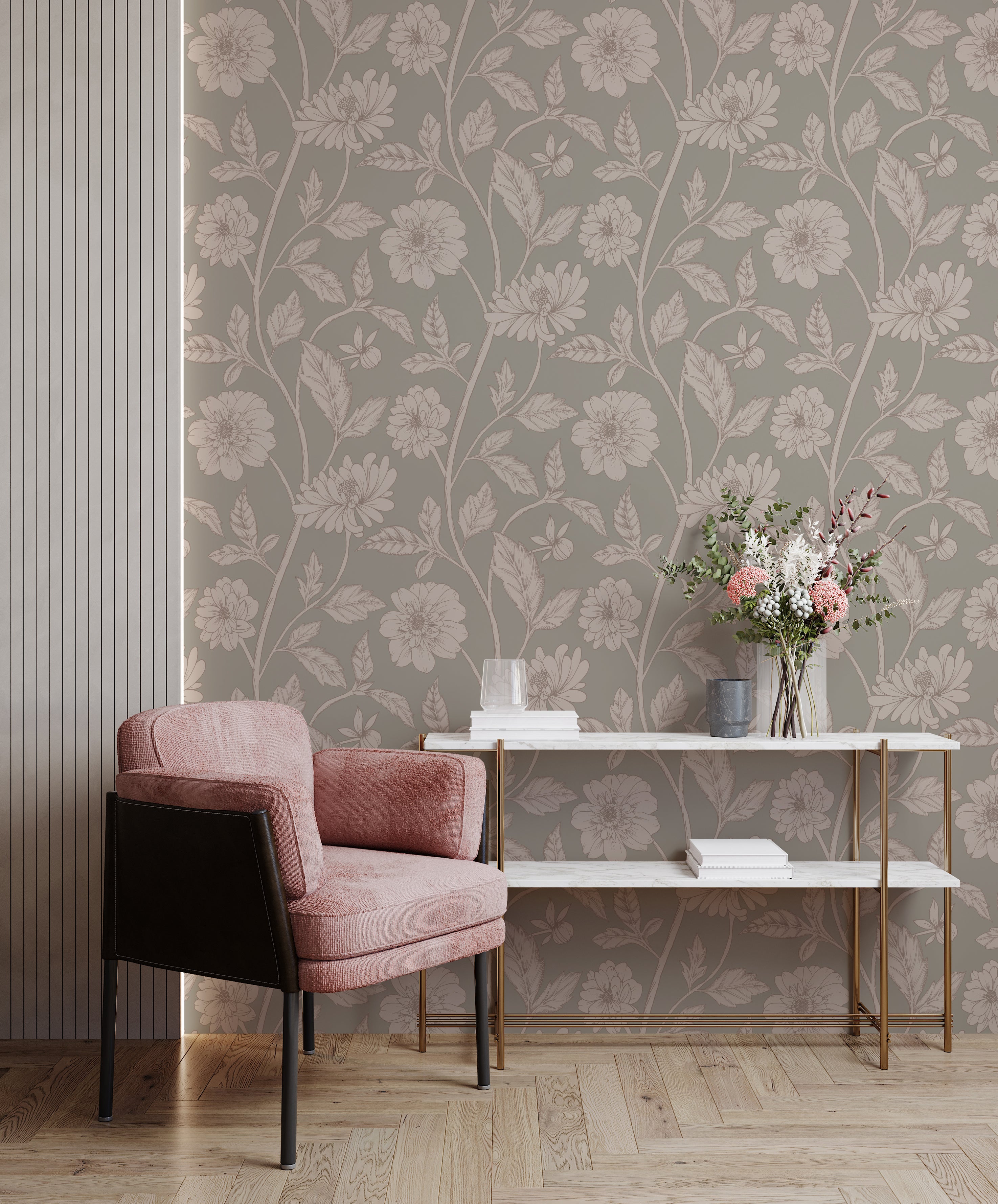Papier peint Dahlia Retombant, Crystal Grey
