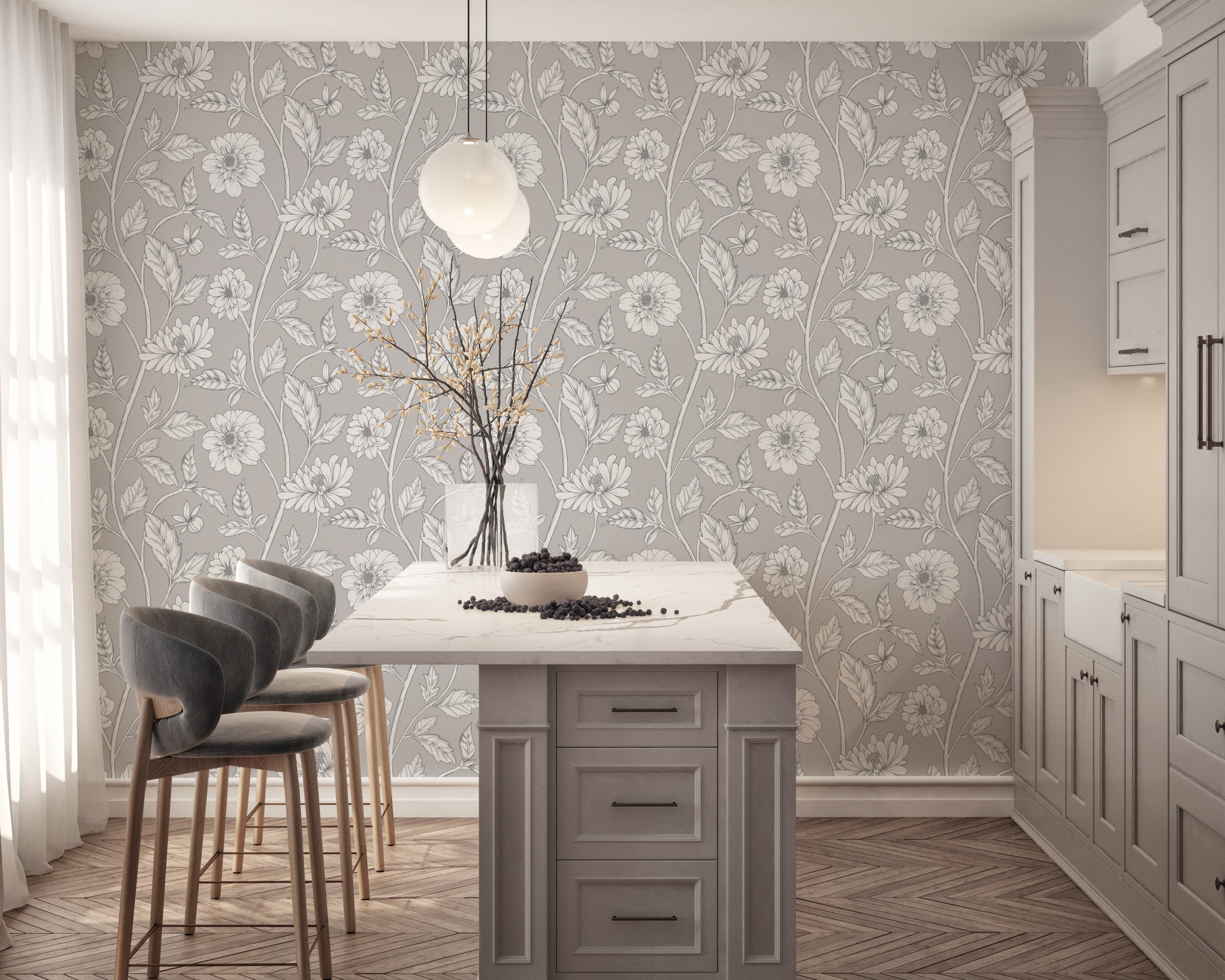 Papier peint Dahlia Retombant, Ice Grey