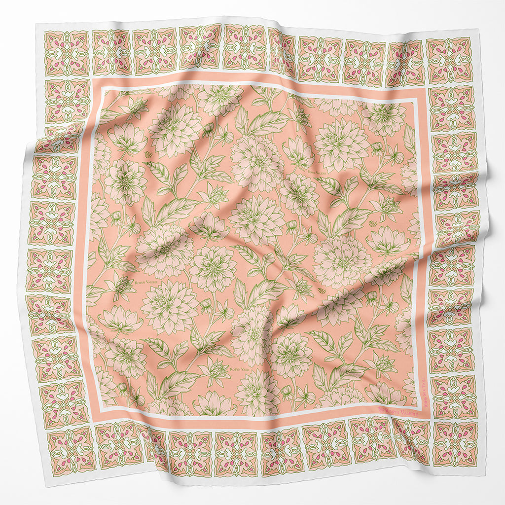 Melon Silk Scarf, Dahlia Blooms
