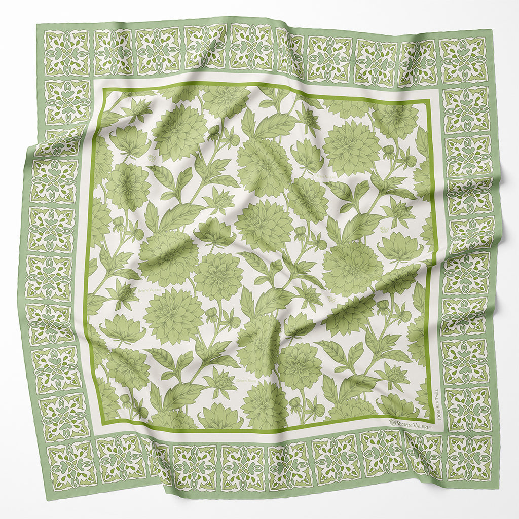 Pistachio Silk Scarf, Dahlia Blooms