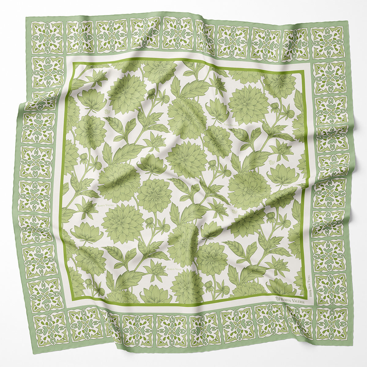 Pistachio Silk Scarf, Dahlia Blooms