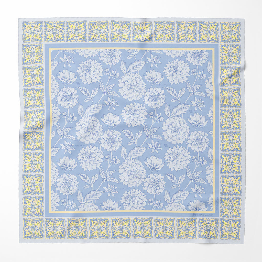 Sky Blue Silk Scarf, Dahlia Blooms