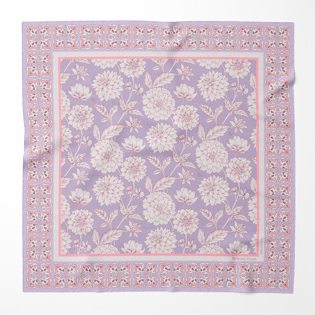 Lilac Silk Scarf, Dahlia Blooms